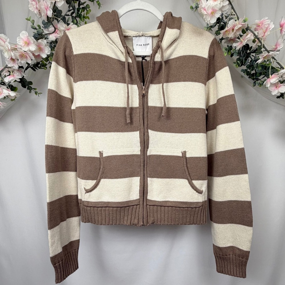 Pink Rose Brown Cream Striped Zip Up Knit Hoodie Sweater Large 5S45632